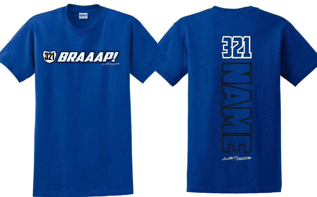 JUST RIDE BRAAAP CUSTOM NUMBER PLATE T SHIRT MX MOTOCROSS PERSONALIZED