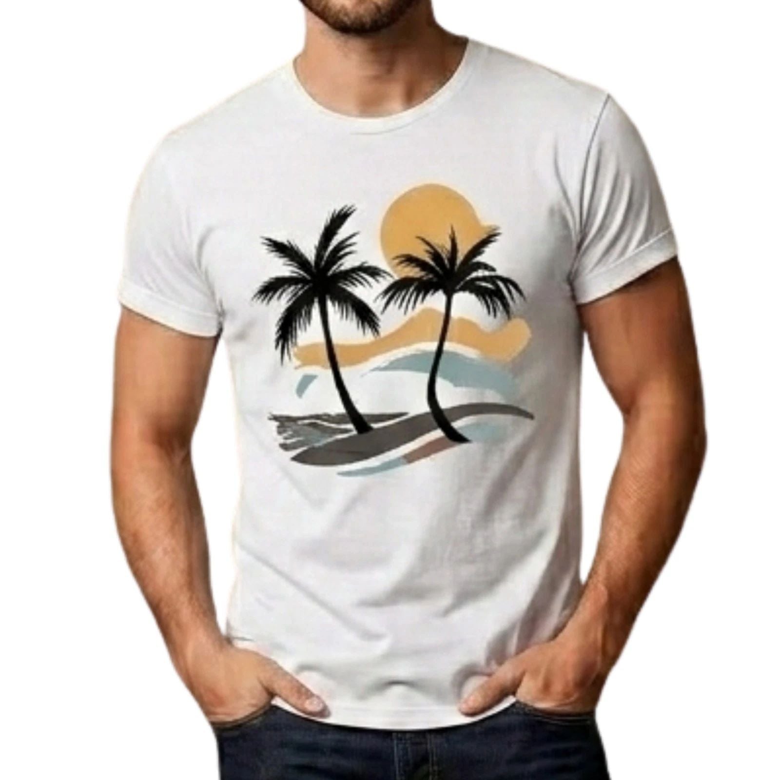 Men's Tropical Palm Tree T-Shirt Beach Sunset Graphic Tee Summer Vacation Top
