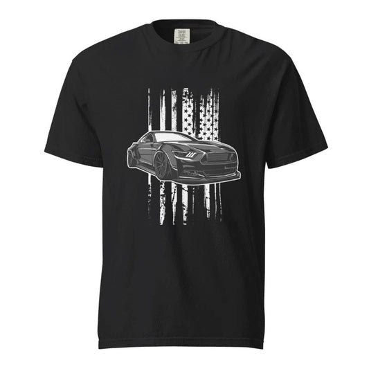 Modern Ford Mustang T-Shirt USA Flag Graphic Muscle Car Tee Black