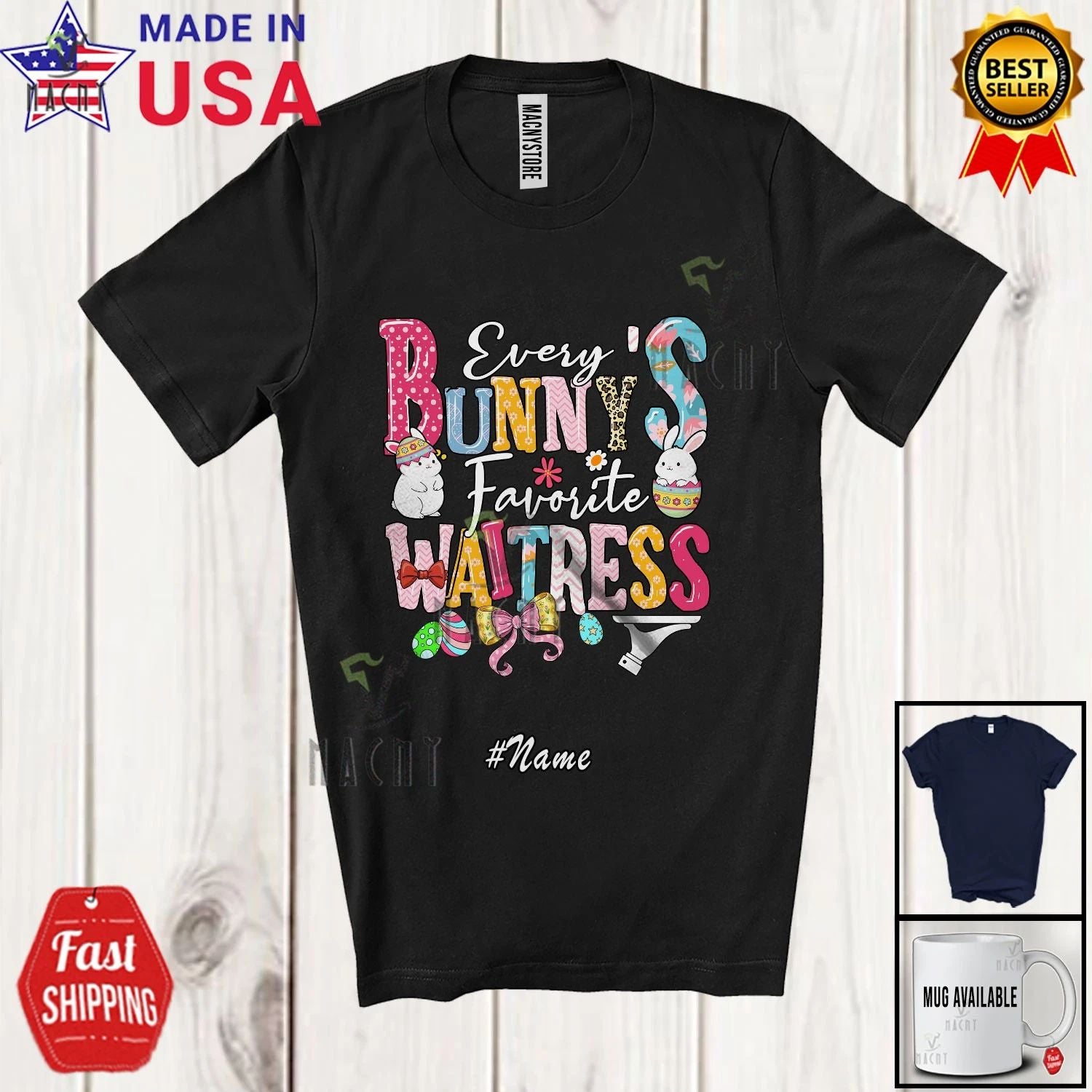 Custom Name Bunny's Favorite Waitress; Lovely Easter Leopard Bunnies Eggs Shirt