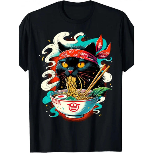 Festive Delight Men's Cute Cat Ramen Graphic T-Shirt Cotton, Crew , Short Sleeve