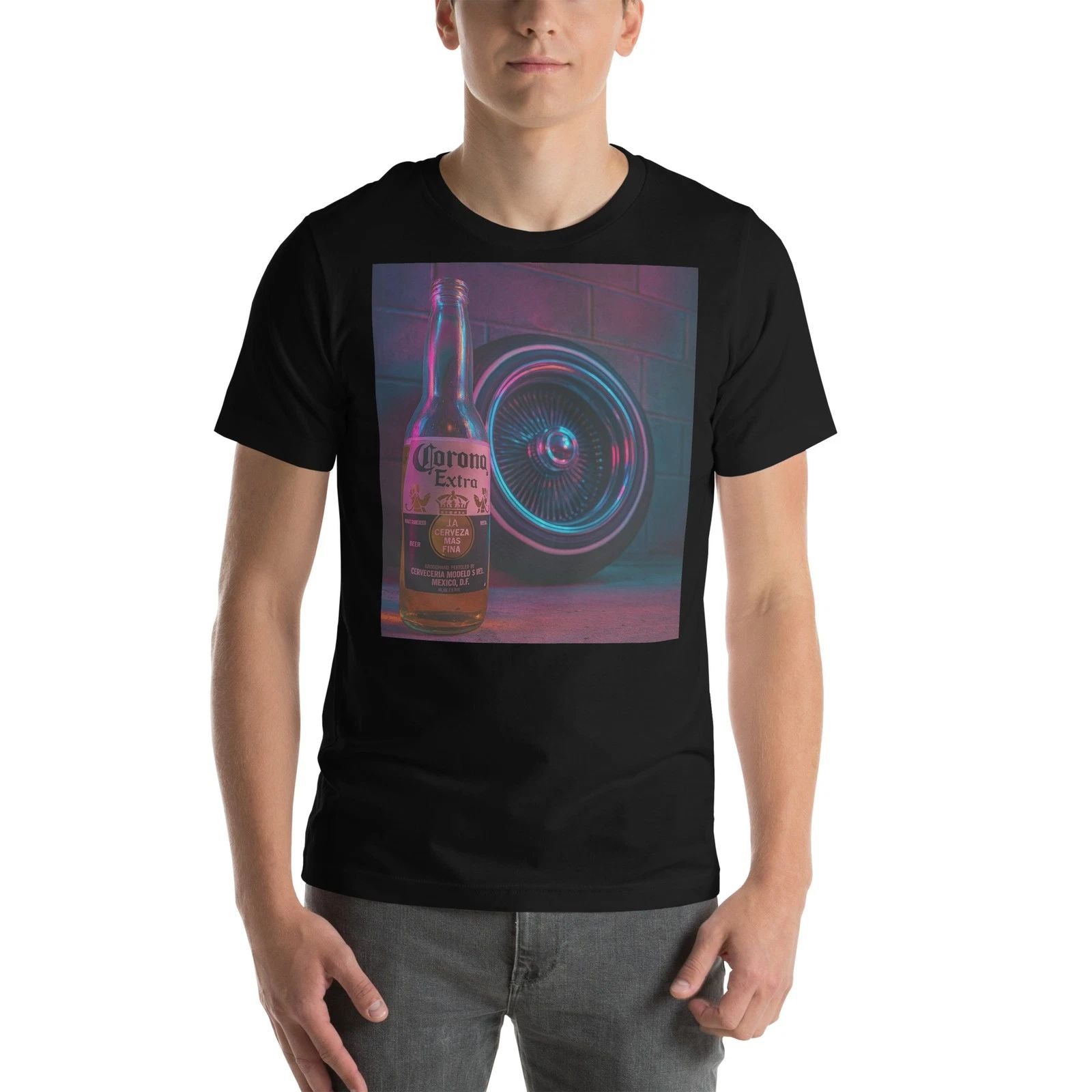 Lowrider Neon Beer Bottle T-Shirt Retro Car Wheel Urban Night Design