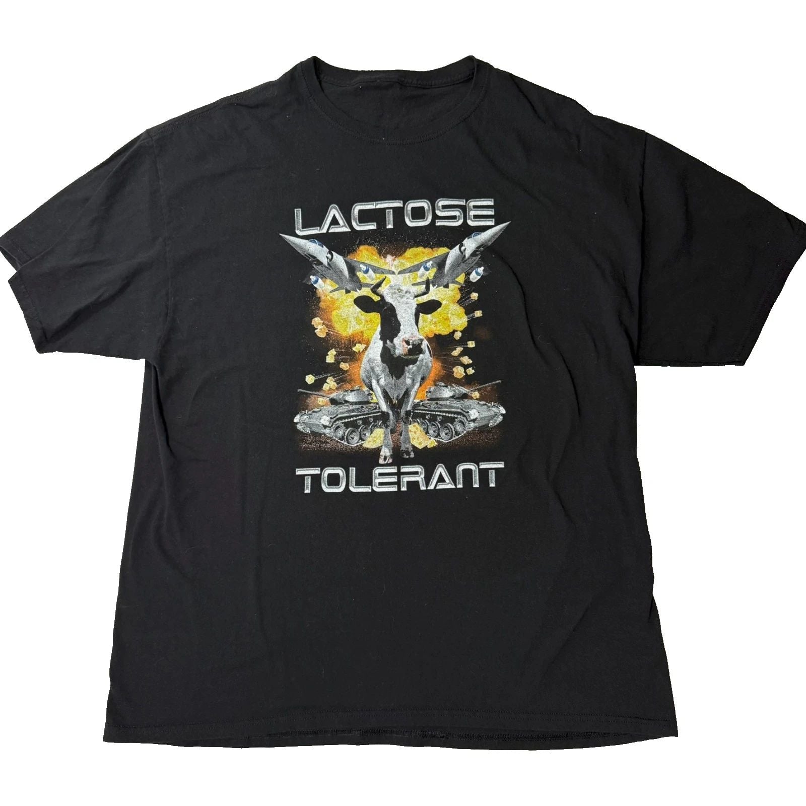 Men's Large T Shirt Funny Meme Lactose Tolerant Cow missiles Trendy EUC Shein