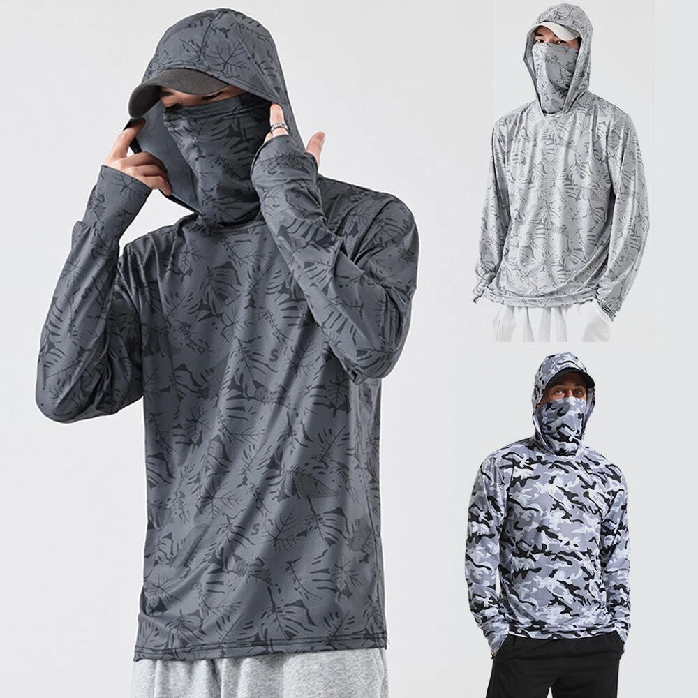 Mens Upf50+ Sun Skin Protection T-Shirt Hoodie Long Sleeve Outdoor Fishing Top *