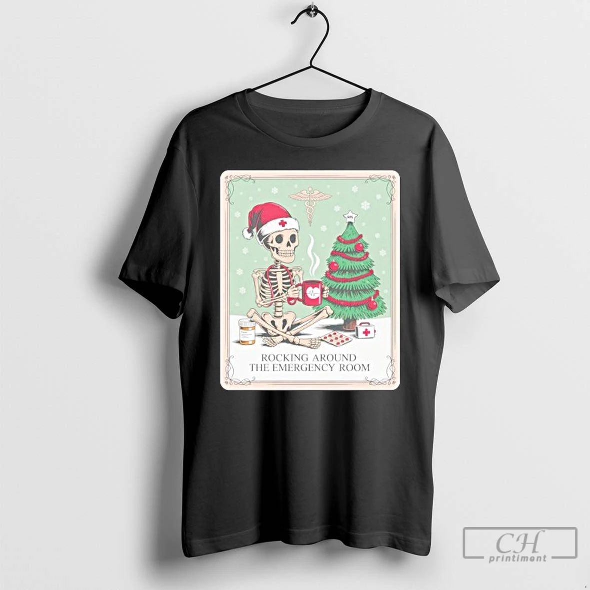 Classic Skeleton Santa Nurse Rocking Around The Emergency Room T Shirts
