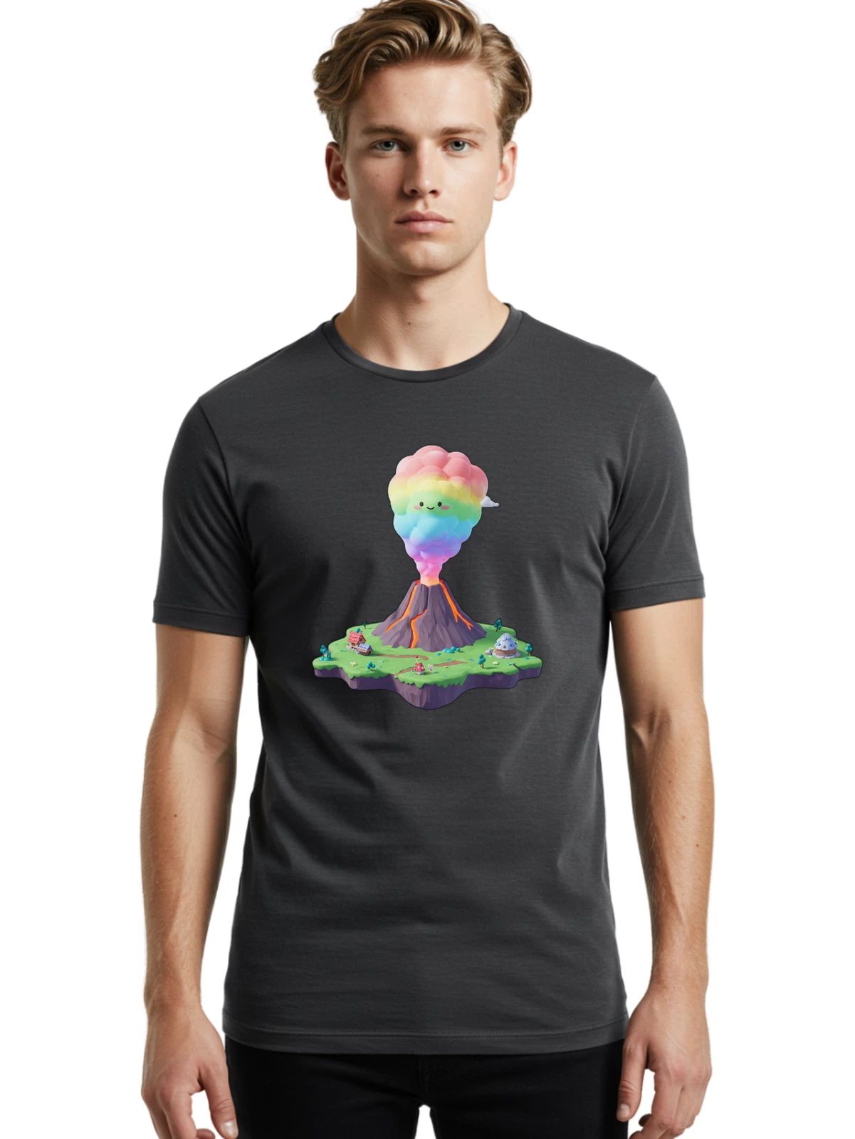 Smiling-Volcano Mens Graphic Tee, 100% Cotton, Casual Summer Wear