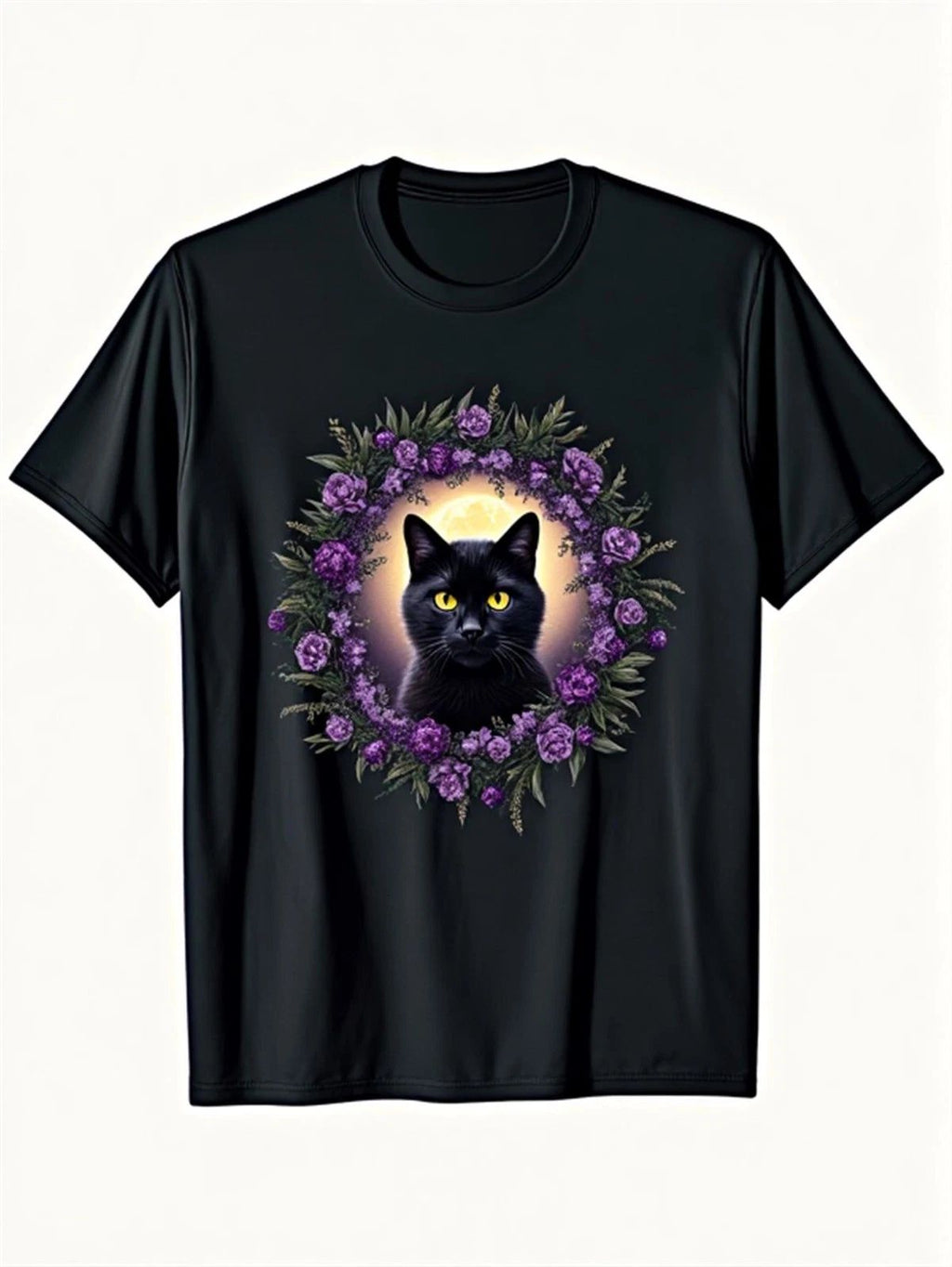 s & s Black Cat & Purple Lilac Moonlit Gothic Boho T-Shirt - 100% Unisex Casua
