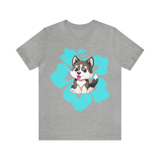 Adorable Husky Puppy Cute Tropical Flower Background Custom Graphic Unisex Tee