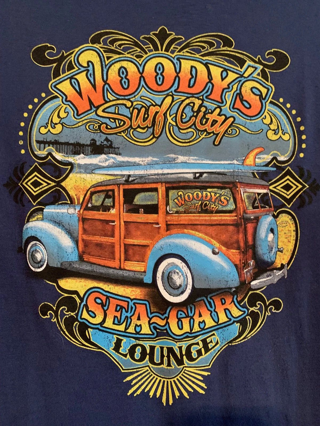 NWOT - Woody's Surf City Sea-Gar Lounge Adult Size L Navy Blue Short Sleeve Tee