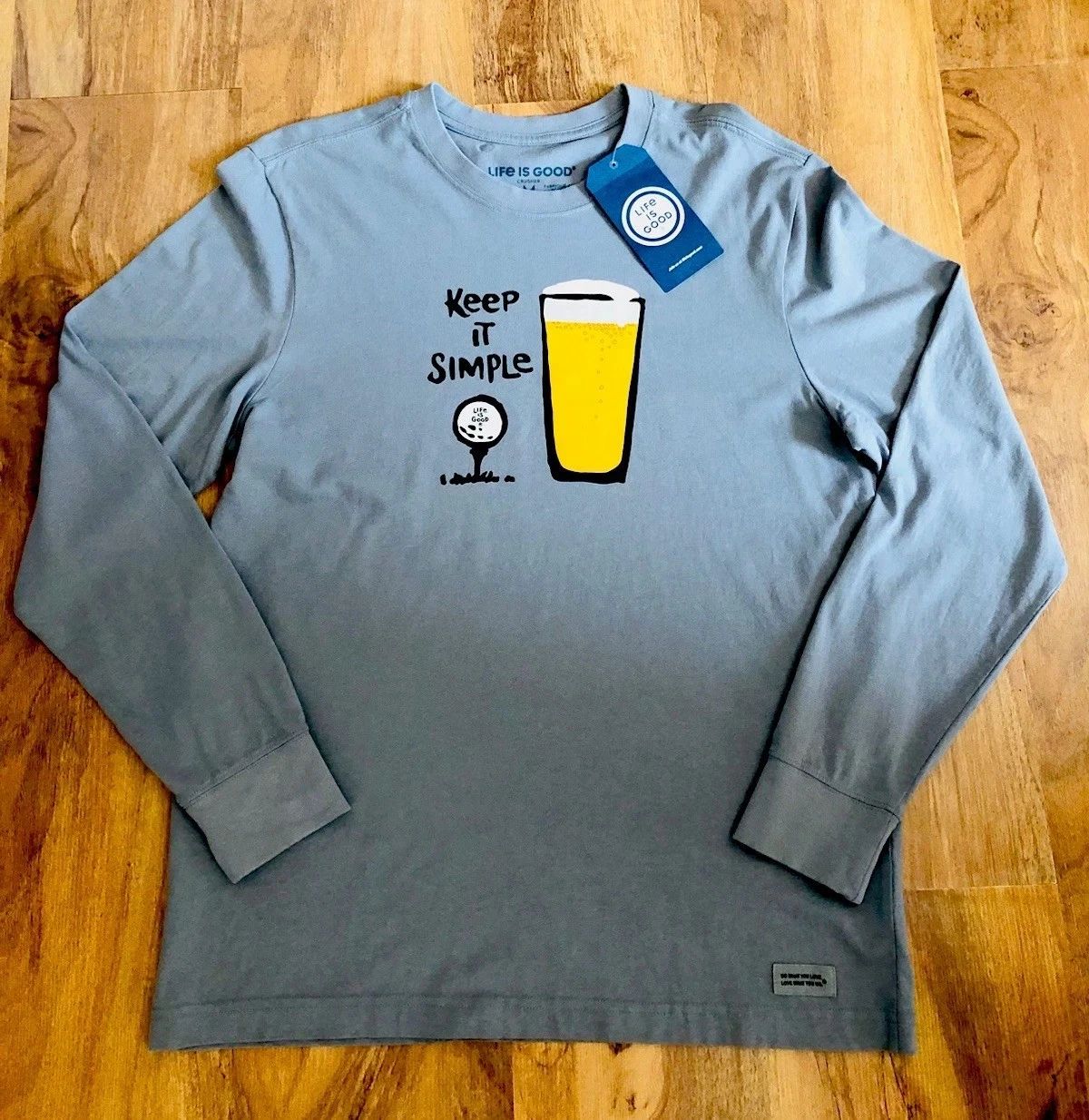 NWT Life Is Good Men T-Shirt Keep It Simple Golf Beer Cotton Gray Long Sleeve M