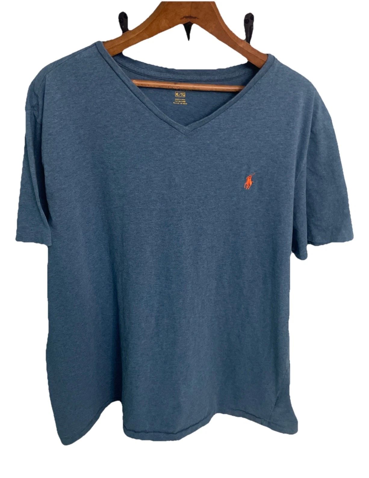 Polo Ralph Lauren Clancy Blue Short Sleeve Vneck  Tshirt Orange Pony Logo XL