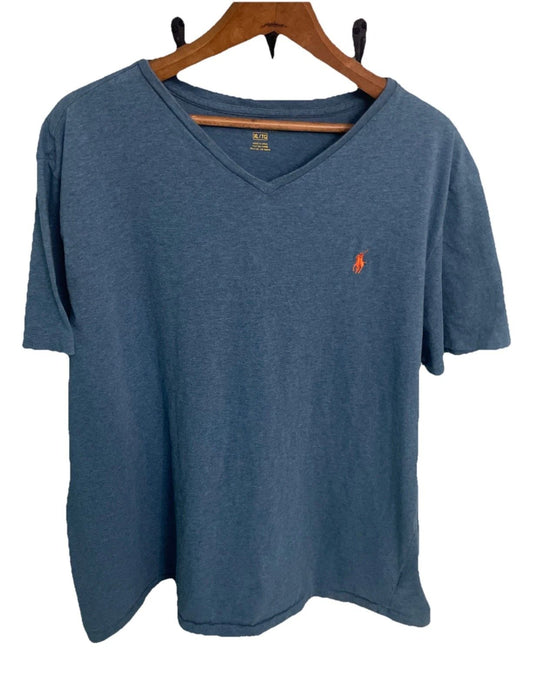 Polo Ralph Lauren Clancy Blue Short Sleeve Vneck  Tshirt Orange Pony Logo XL