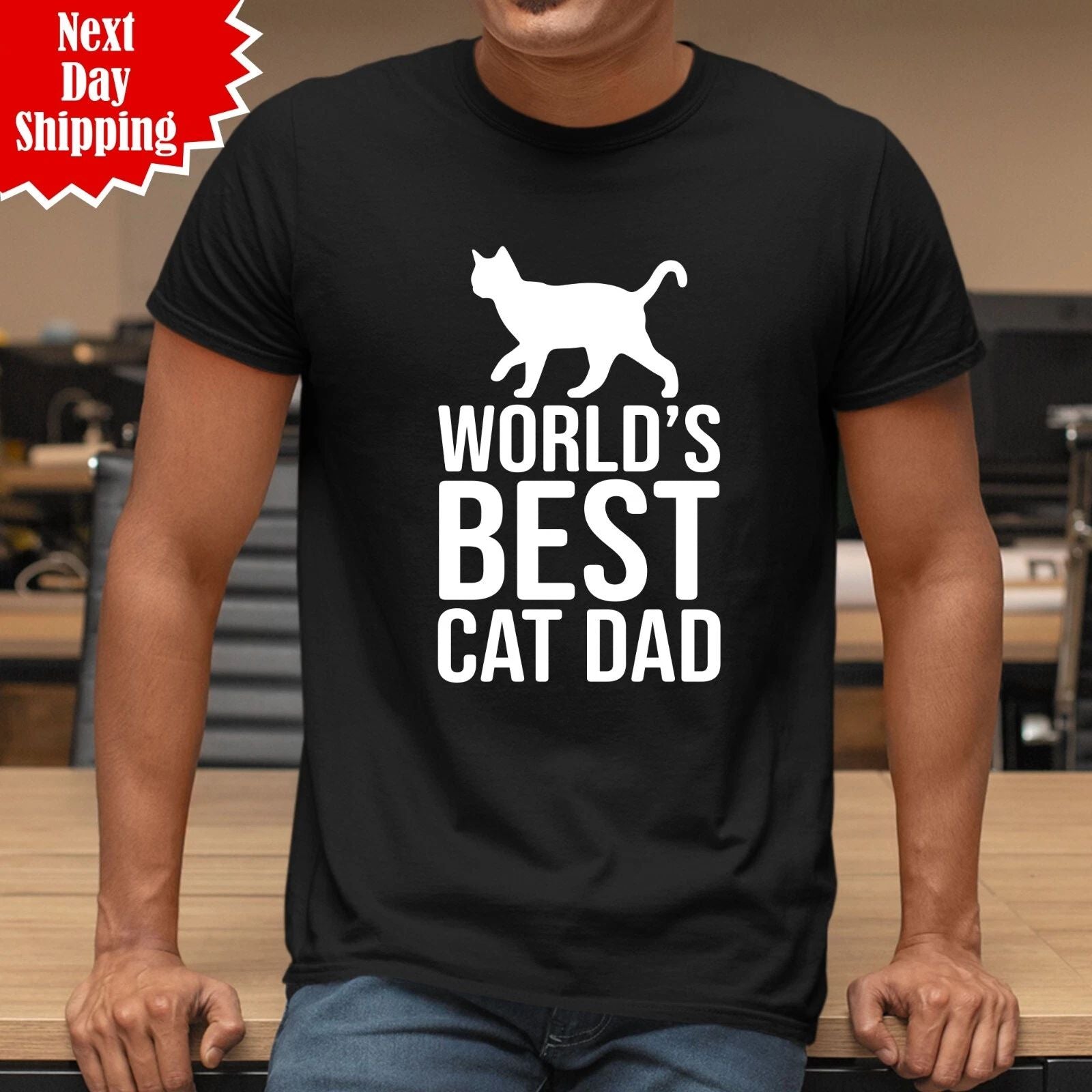 World's Best Cat Dad T-Shirt Printed Cat Lover Fathers Day Gift Funny Joke T Top