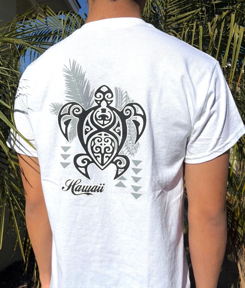 Hawaiian Design Surfing Beach White T-shirt Tribal Turtle Honu 100% Cotton Tee
