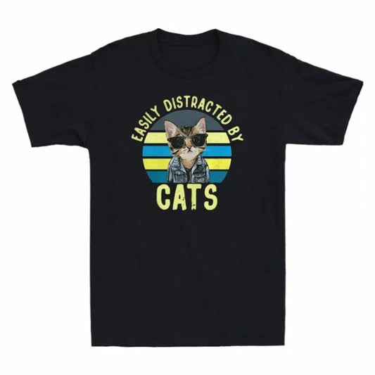 Easly Distracted By Cats Funny Cat Lover Vintage Men's T-shirt Cotton Black