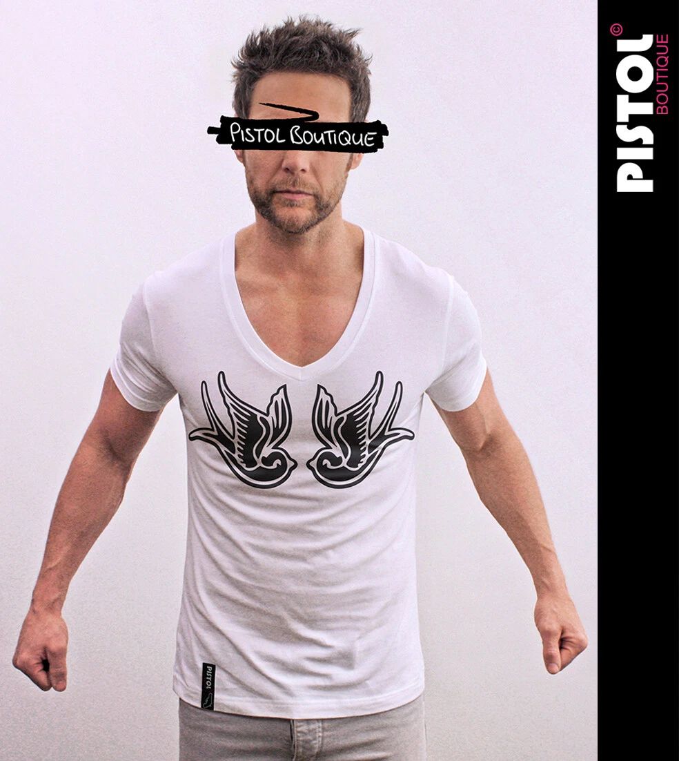 Pistol Boutique men's White Fitted Deep V neck CHEST TATTOO SWALLOWS T-shirt