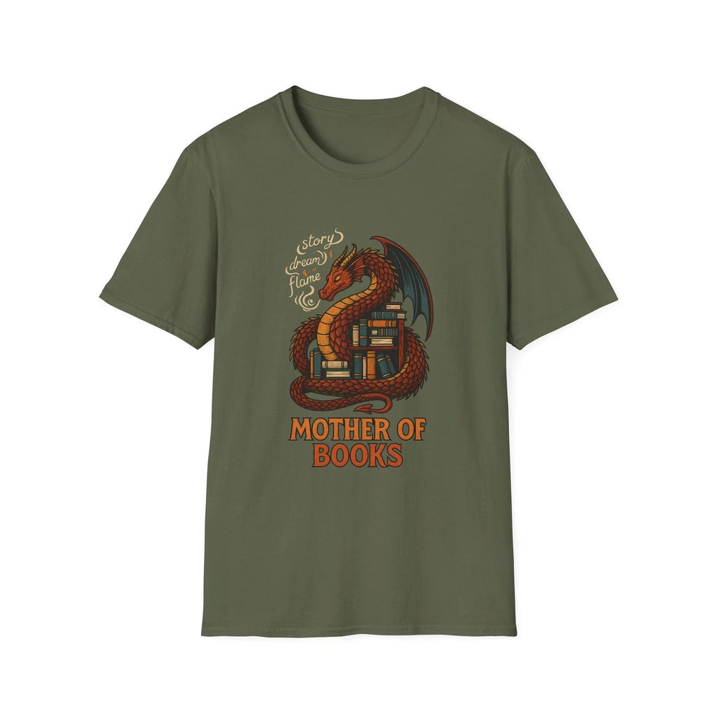 Unisex Softstyle T-Shirt Dragon Bookshelf Fantasy Reading Flame Design