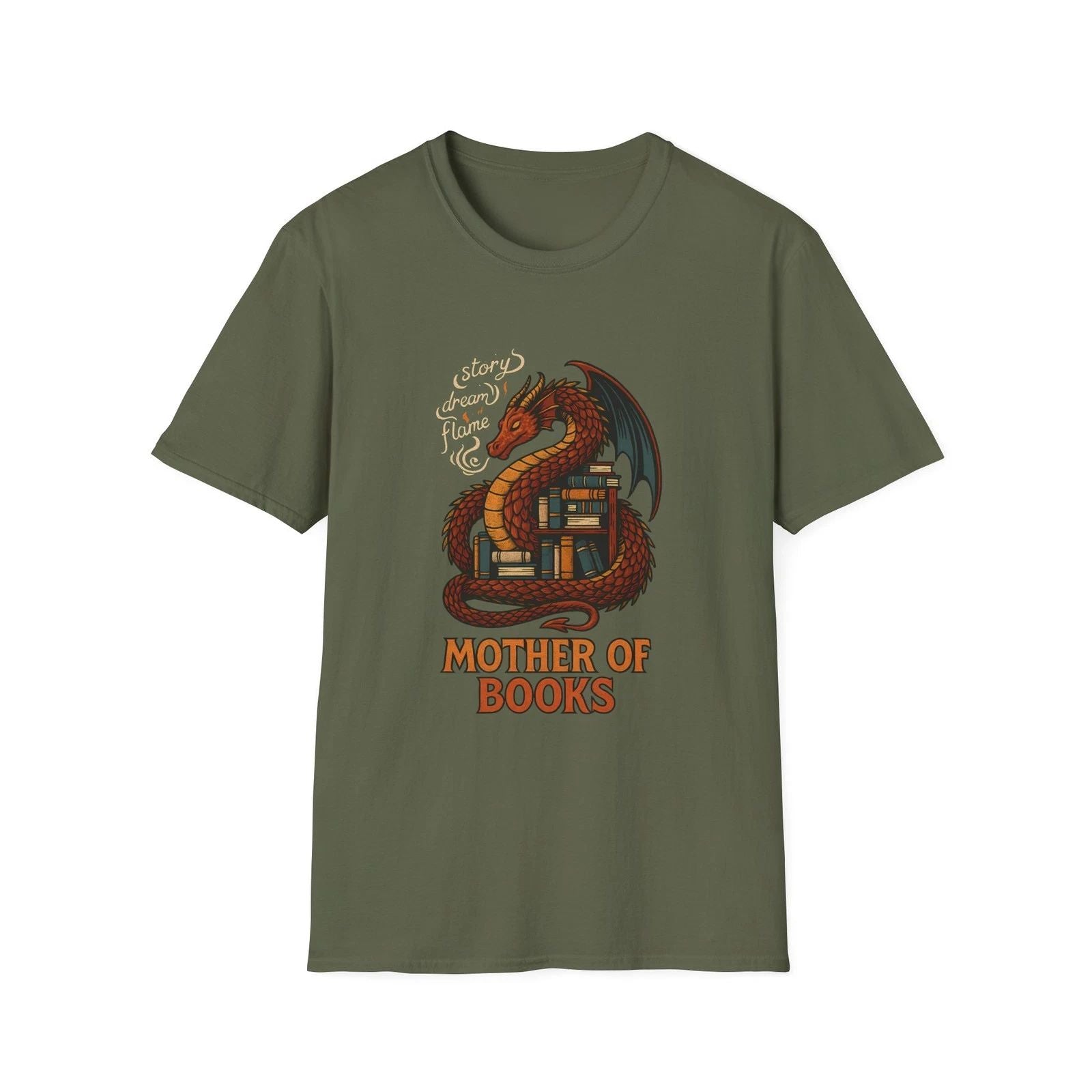 Unisex Softstyle T-Shirt Dragon Bookshelf Fantasy Reading Flame Design
