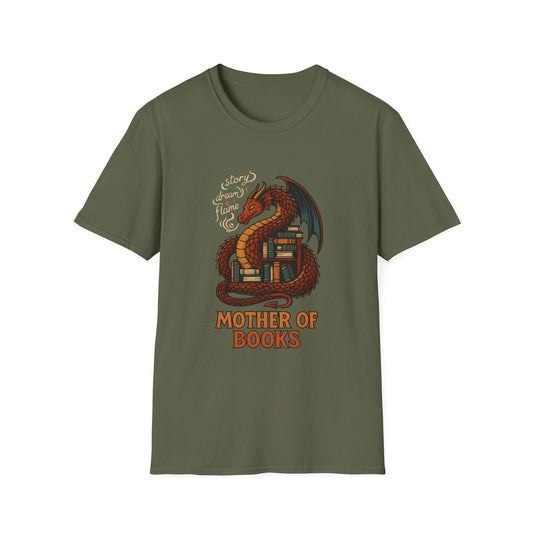Unisex Softstyle T-Shirt Dragon Bookshelf Fantasy Reading Flame Design