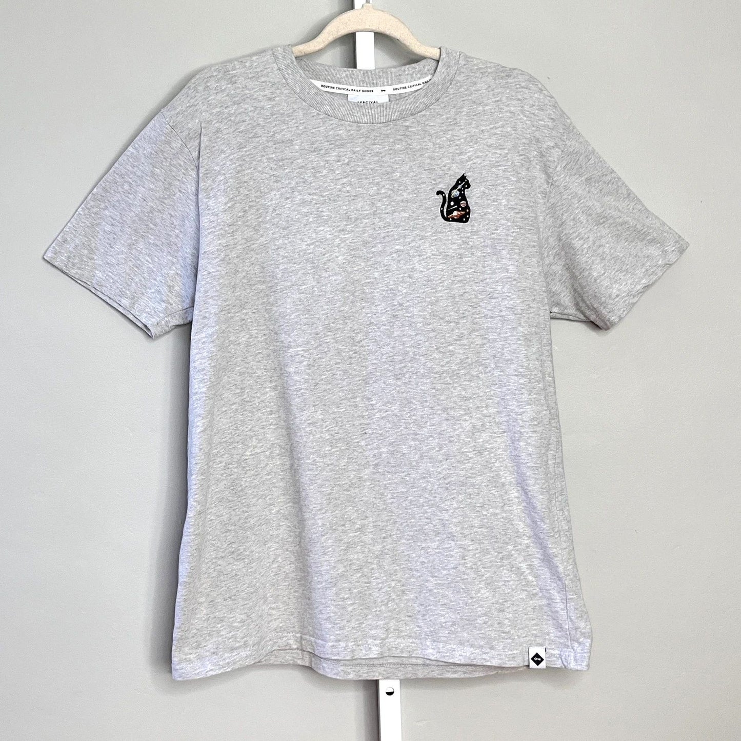Percival Auxiliary Space Cat Embroider T-Shirt L Light Gray Portugal Org Cotton