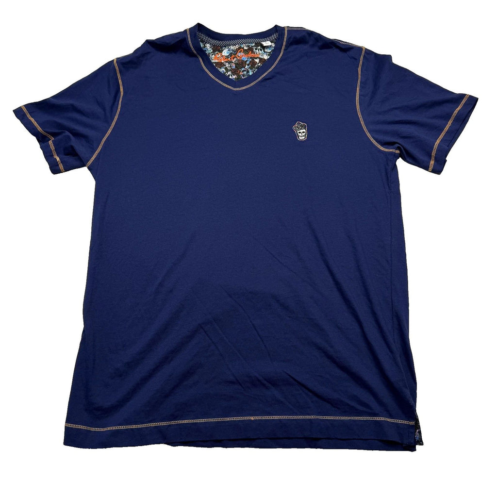 Robert Graham Shirt Mens Large Blue V-Neck Classic Fit Skull Logo Cotton Casual