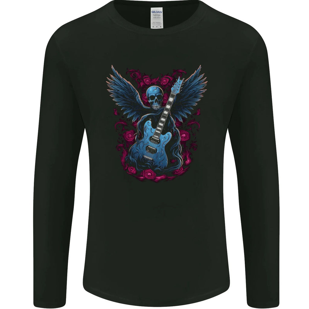 Guitar Skull Heavy Metal Rock Music Band Wings Mens Long Sleeve T-Shirt