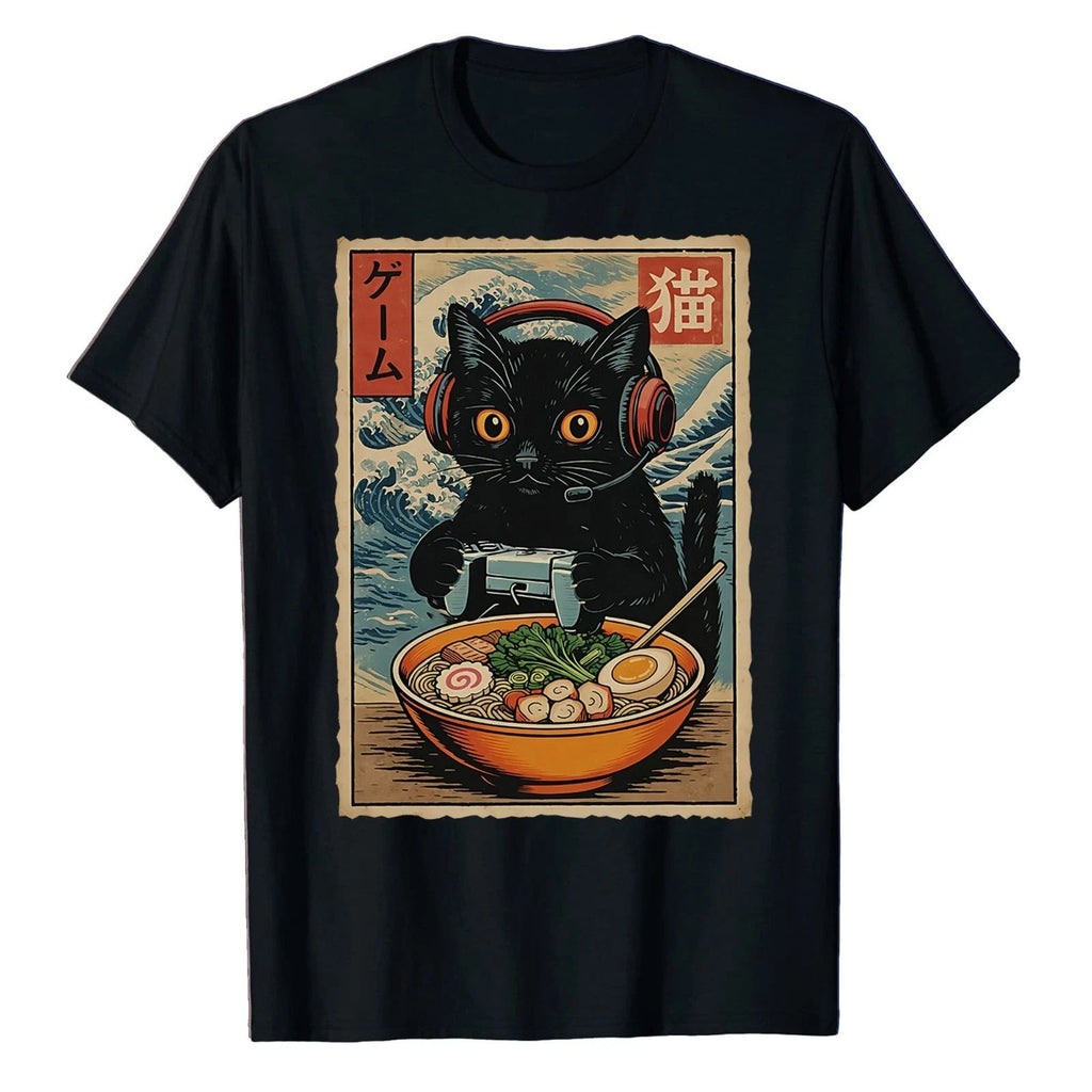 Kawaii Gamer Cat Ramen T-shirt Retro Japanese Cute Cat Lovers Gaming Funny Tee