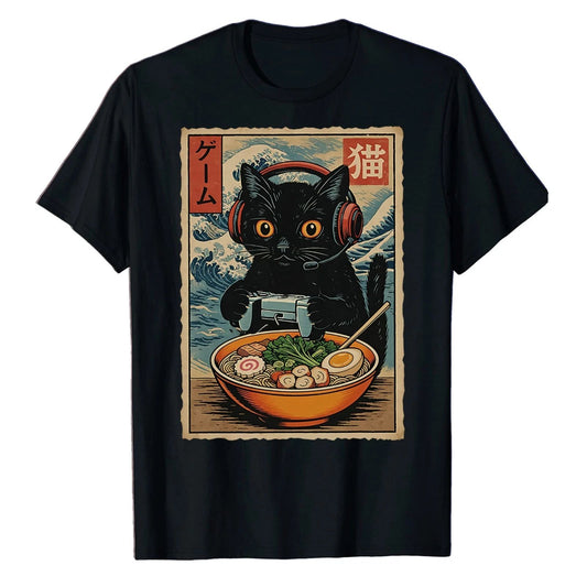 Kawaii Gamer Cat Ramen T-shirt Retro Japanese Cute Cat Lovers Gaming Funny Tee