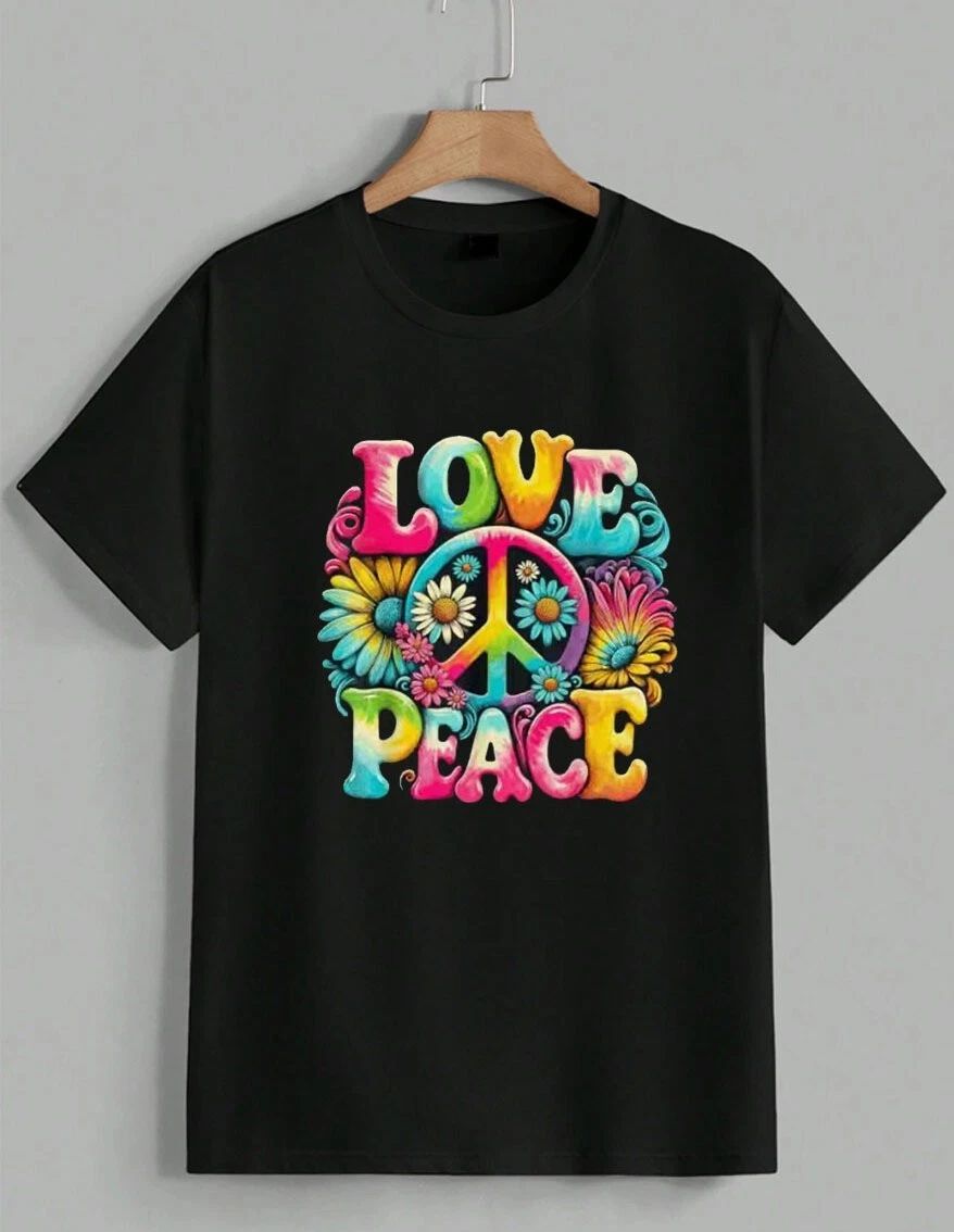 Love Peace Sign Graphic T-Shirt Retro Hippie Boho Flower Power Rainbow Unisex