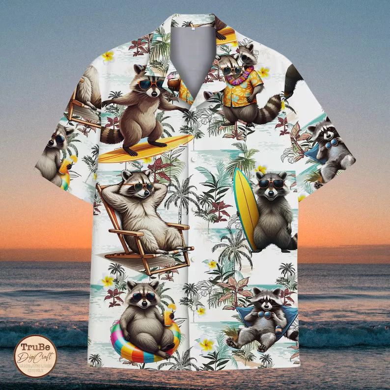 Raccoon Surfing Hawaii Shirt Funny Men Women Aloha Beach