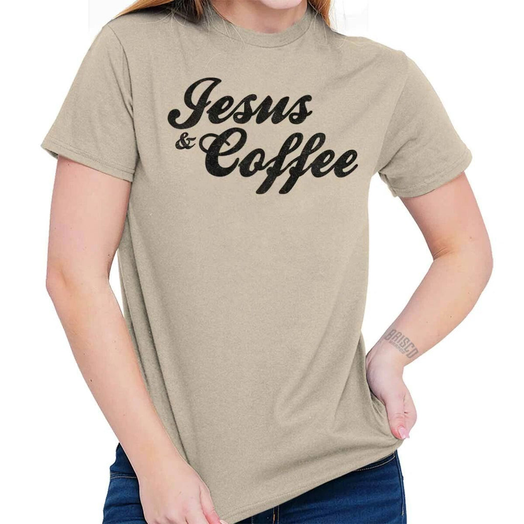 Cute Christian Faith Jesus Christ and Coffee Womens Graphic Crewneck T Shirt Tee