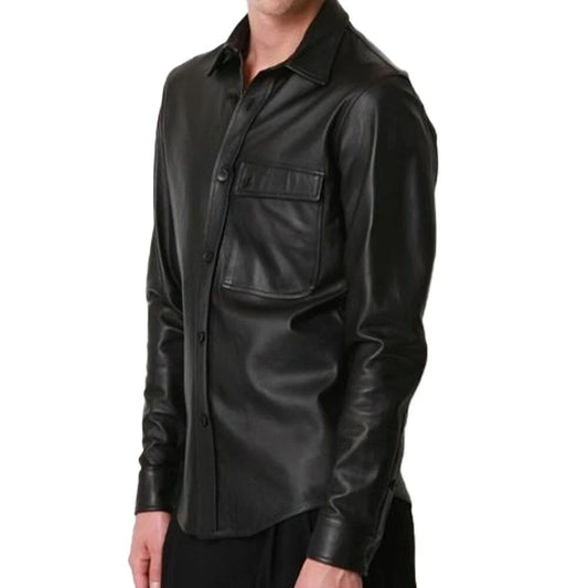 New Men Genuine Lambskin Leather Shirt Jacket Stylish Soft Slim Fit Shirt Black