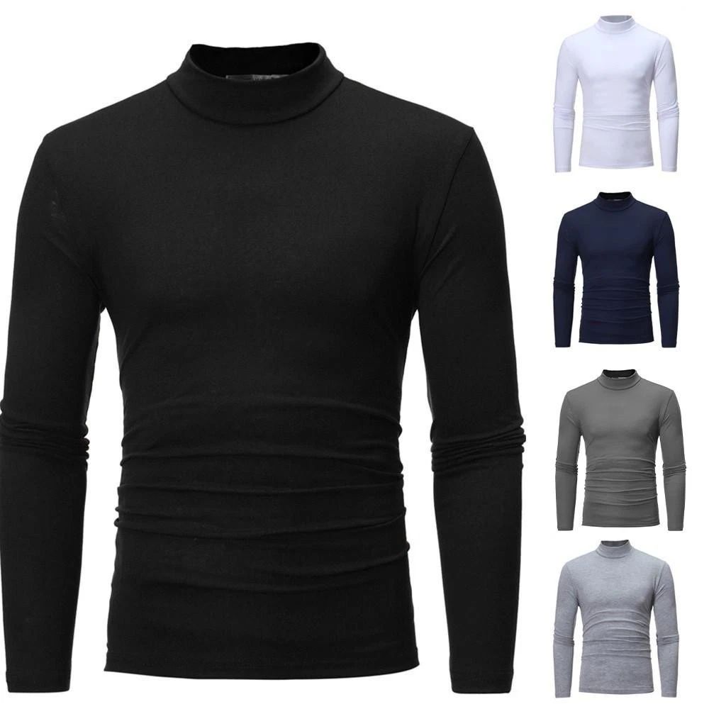 Mens Slim Fit Roll Neck Jumper Knitted Bottom Long Sleeve Shirt Tops