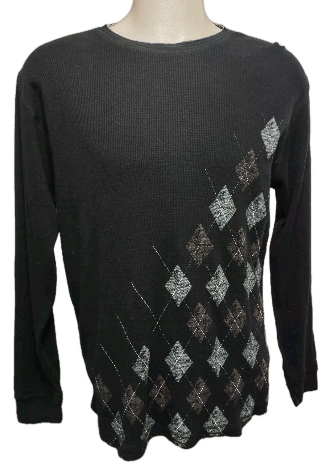 Point Zero Waffle Thermal Top Men's Large Long Sleeve Argyle Design Black Cotton