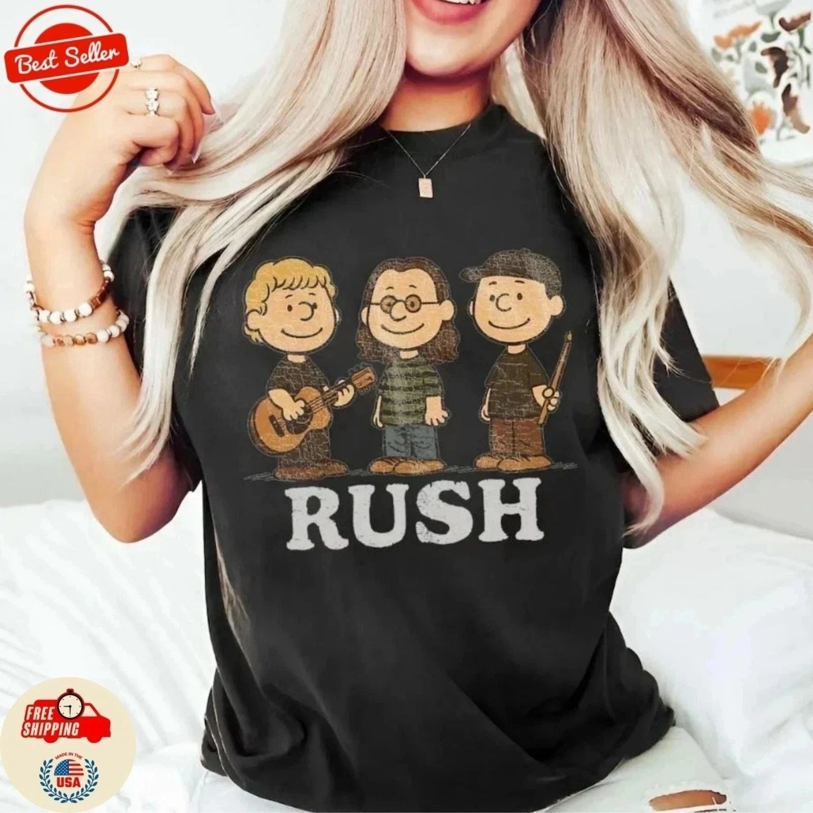 Rush x Peanuts Retro T-Shirt Geddy Lee Alex Lifeson Neil Peart Rock Band Vintage