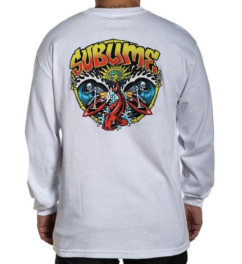 Sullen Badfish White Fish Tattoo Art Surfing Skeleton Waves Long Sleeve T Shirt