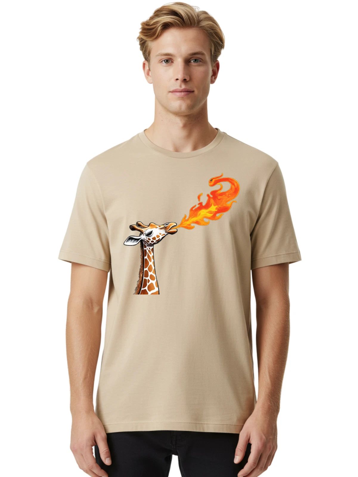 Giraffe-Breathing-Fire-5 Mens Graphic Tee, 100% Cotton, Casual Summer Wear
