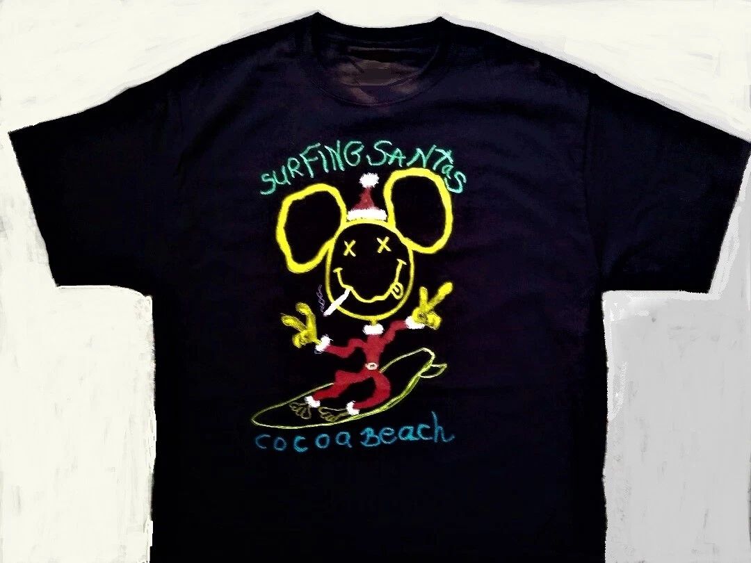 Surfing Santas  Cocoa Beach Black short Sleeve  T-Shirt Cotton Medium  New