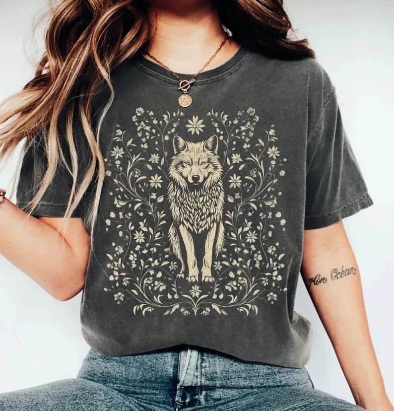 Floral Wolf Comfort Tee Boho Style Shirt Relaxed Fit