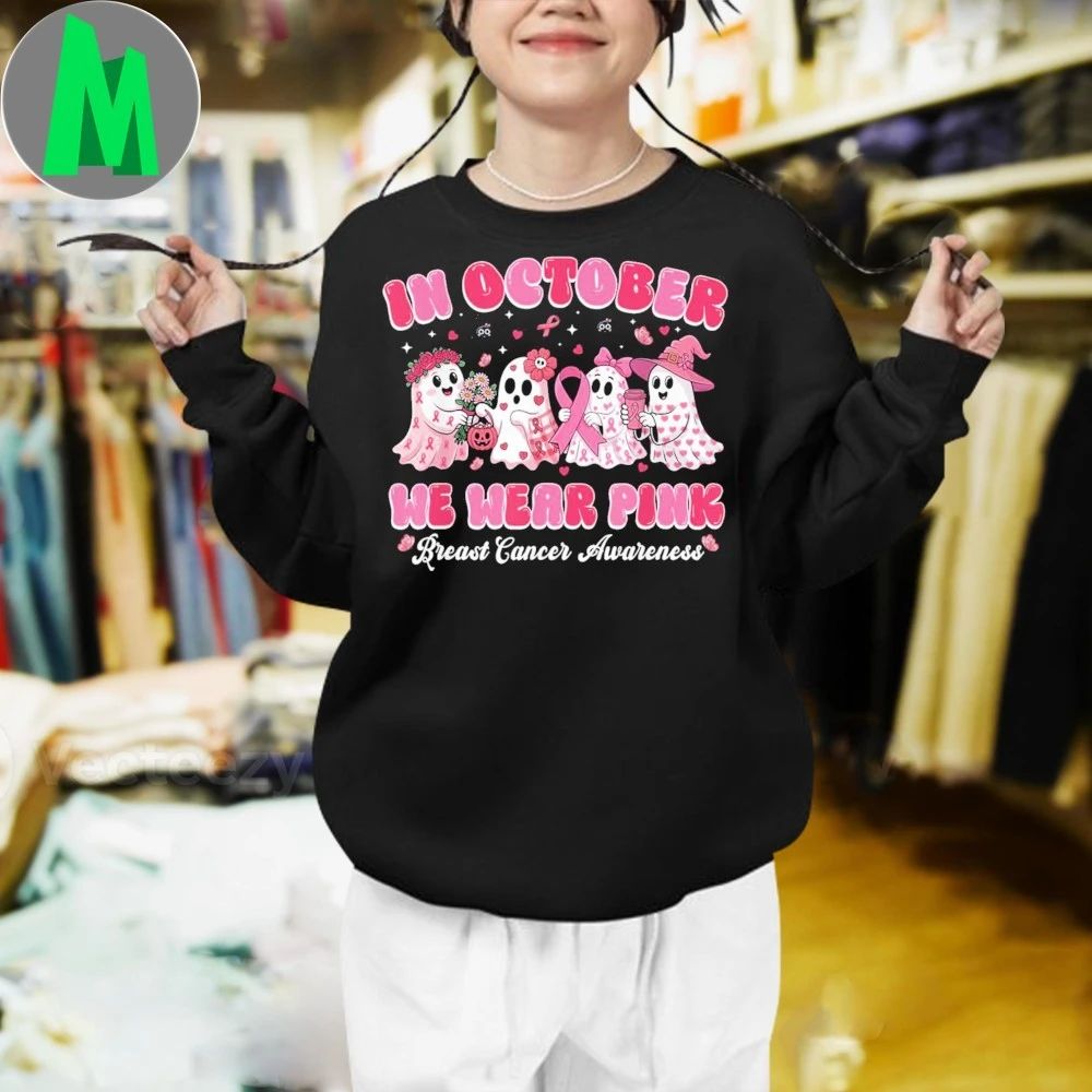 In October We Wear Pink Ghost Breast Cancer Halloween Shirt