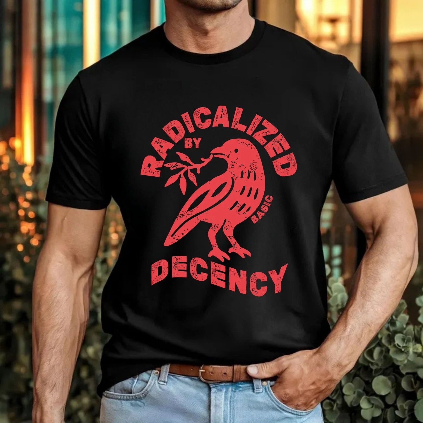 Radicalized By Basic Decency Bird T-Shirt Peace Olive Branch Quote Gift Tee Top