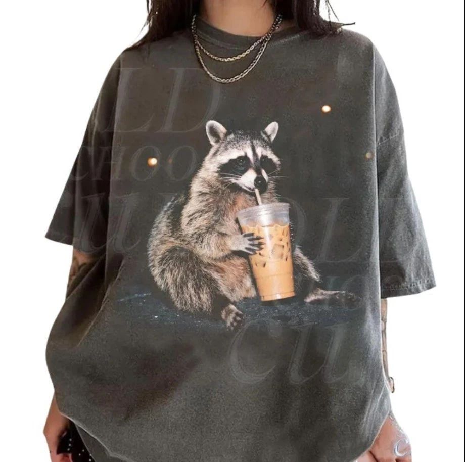 Raccoon Drinking Iced Coffee Vintage 90s T-shirt, Retro Funny Trash Tee