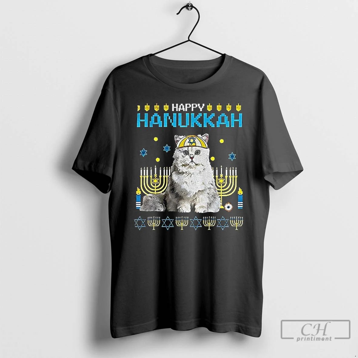 Premium Happy Hanukkah Cat Menorah Jewish Holiday T Shirts