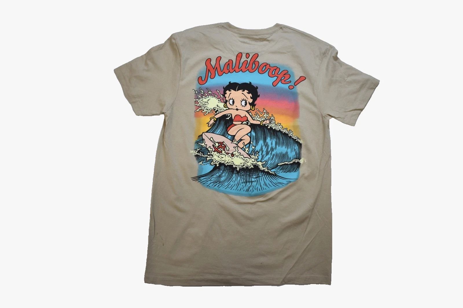 Betty Boop Mens Surfing A Big Wave Maliboop! Tan Shirt New S-XL