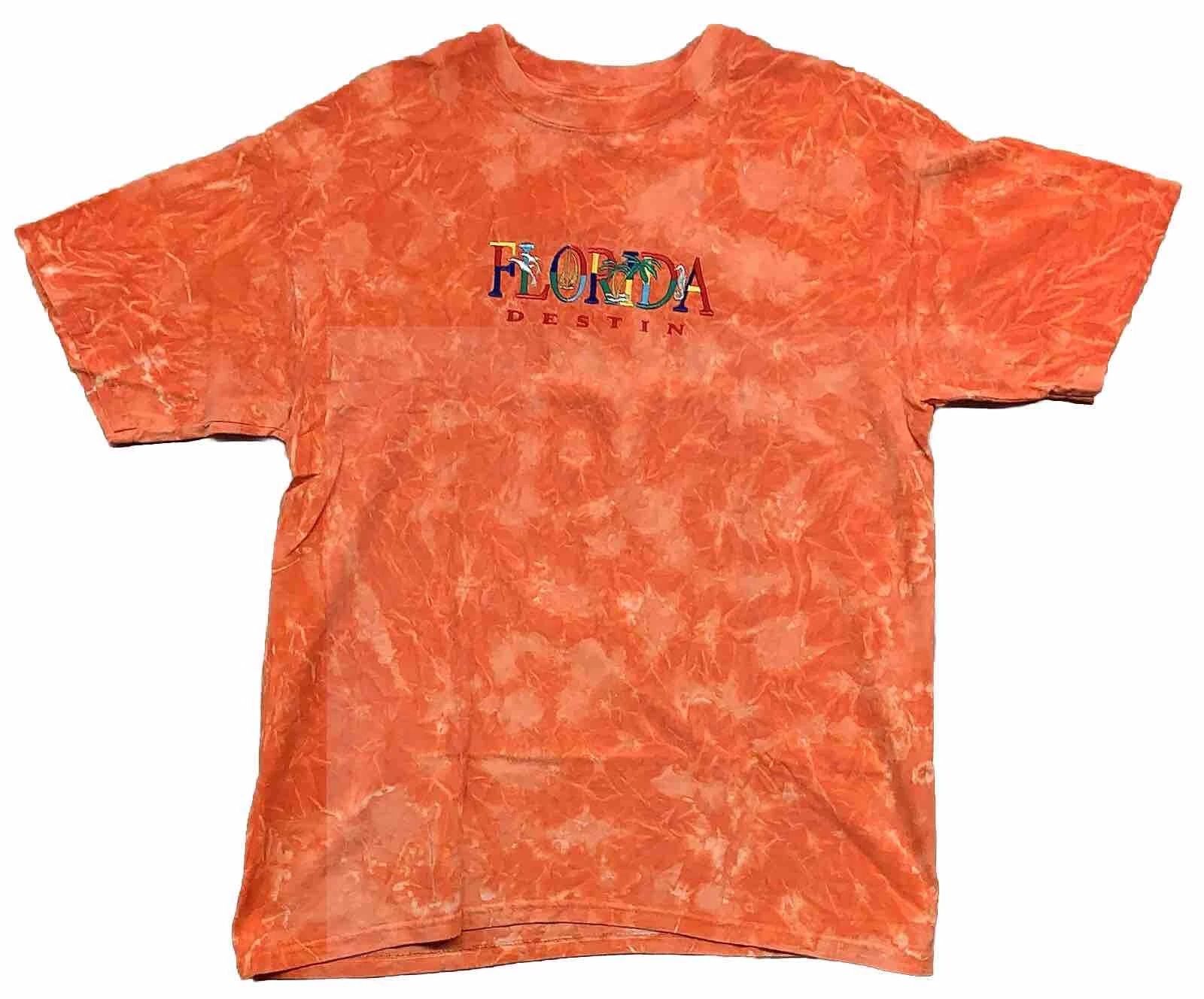 Destin Florida Tie Dye Embroidered T-Shirt Size Large Orange Dolphins Palm Trees