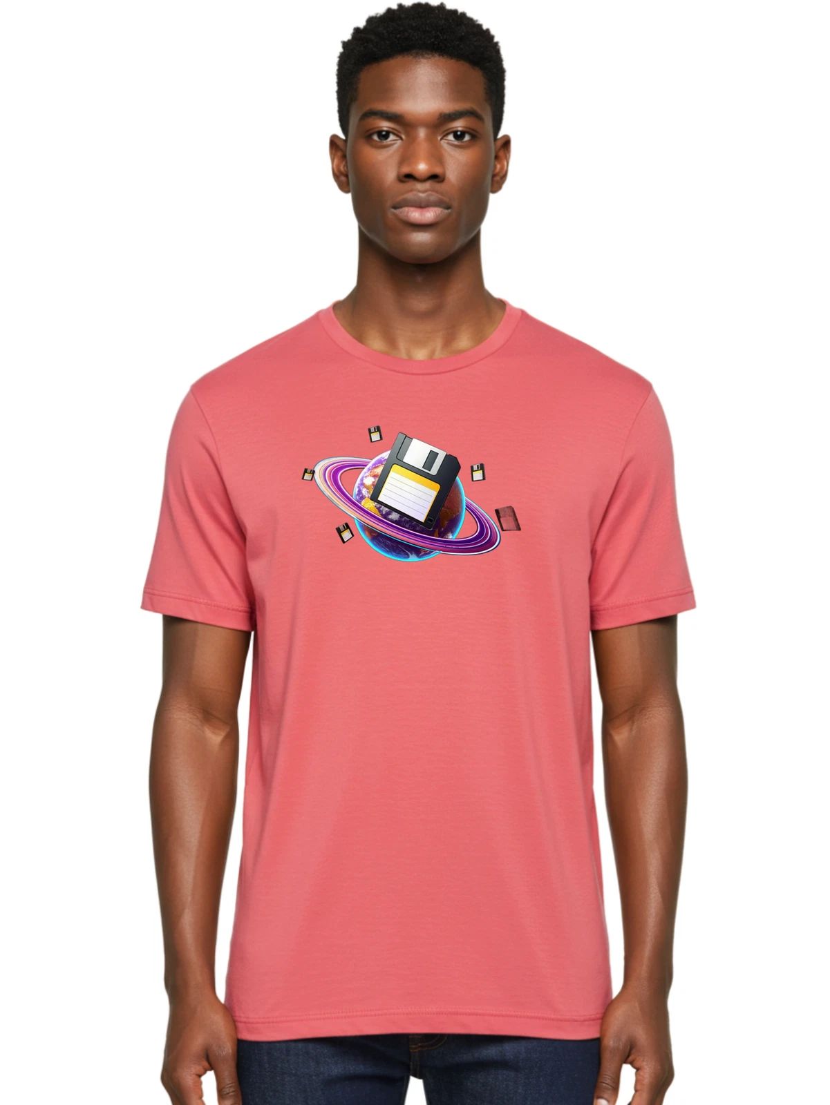Floppy-Disk-Planet Mens Graphic Tee, 100% Cotton, Casual Summer Wear