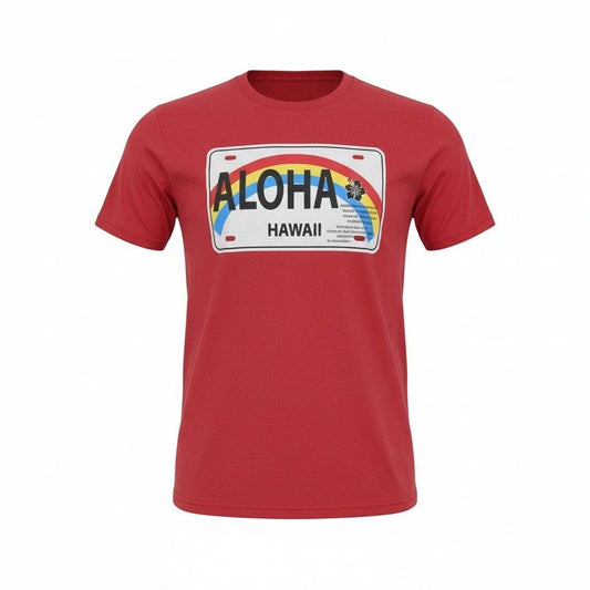 Vintage Mens Aloha Hawaii License Plate Graphic T Shirt Red Size L