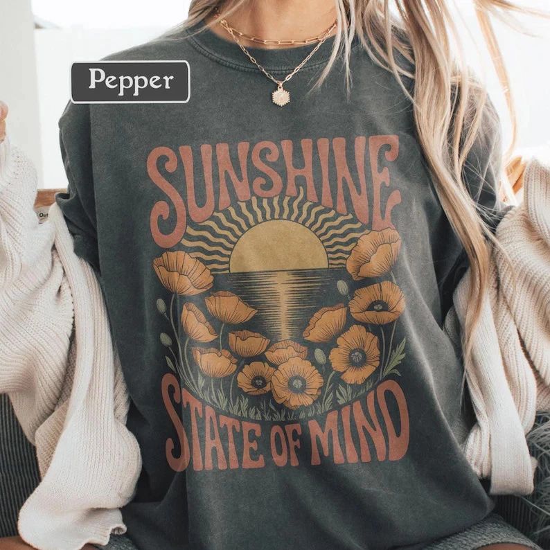 Boho Sun Botanical Poppy Comfort Tee Shirt Relaxed Fit