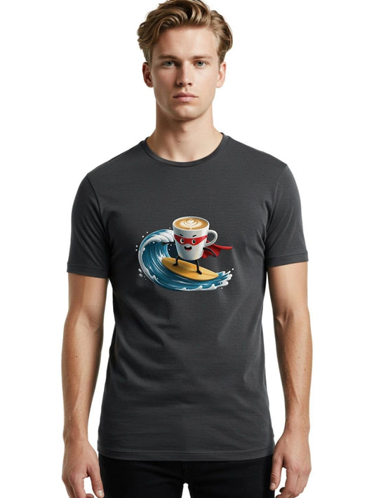 Coffee-Cup-Surfing-Hero Mens Graphic Tee, 100% Cotton, Casual Summer Wear