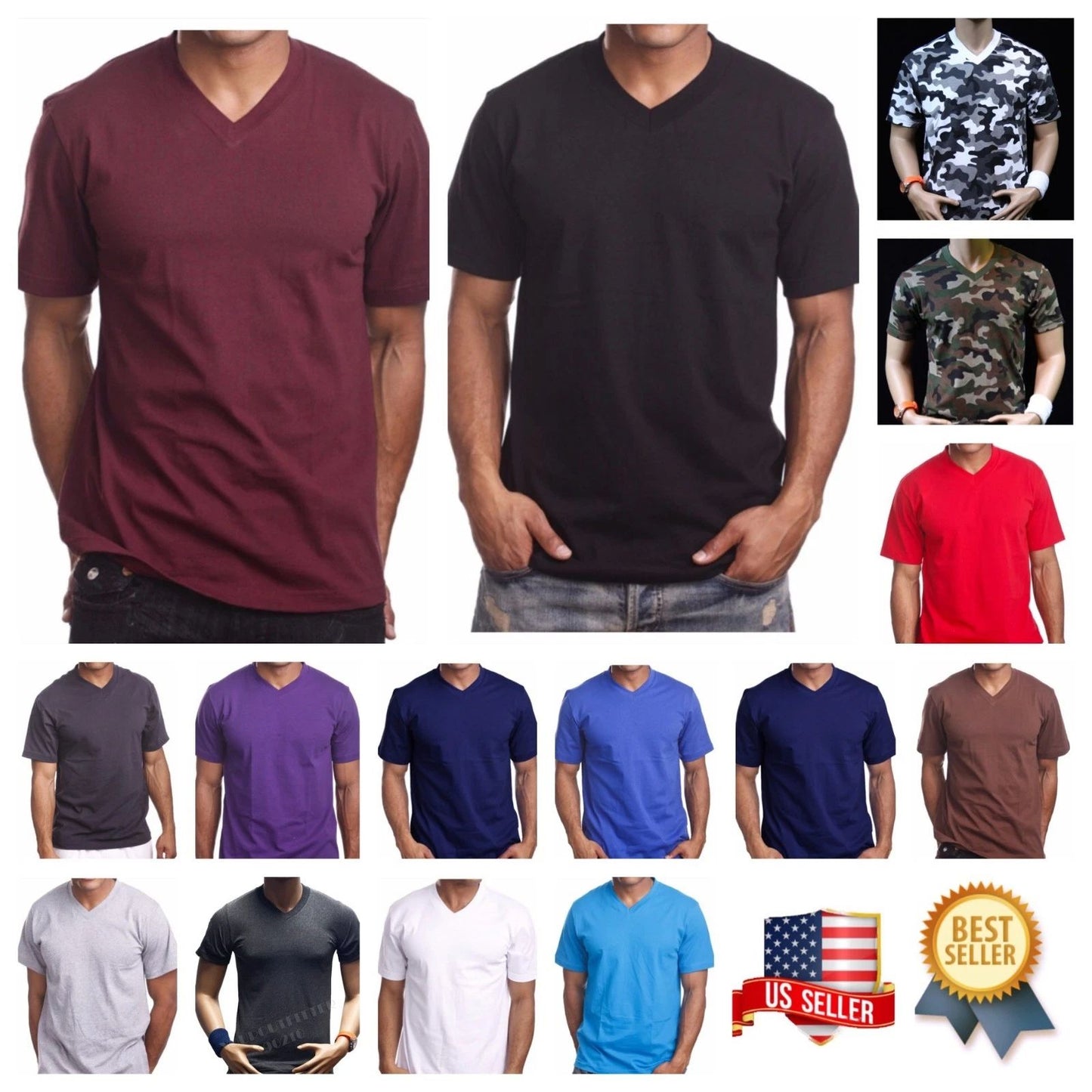 Mens T-Shirt S-5XL HEAVY Weight V-NECK Camo Plain Solid Cotton Big Size Tees